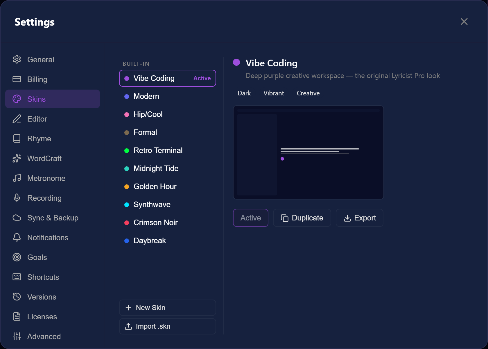 The Skins gallery with built-in themes
