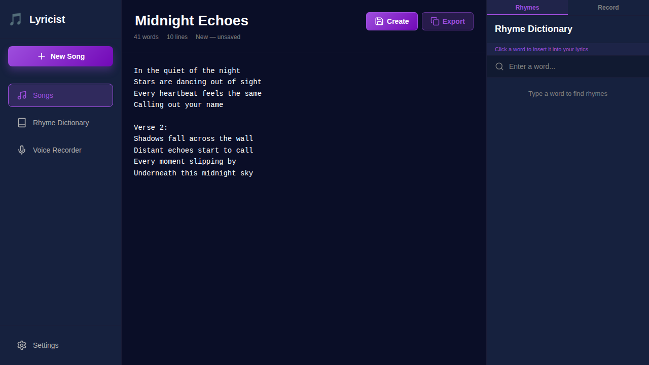 The song editor with lyrics and metadata